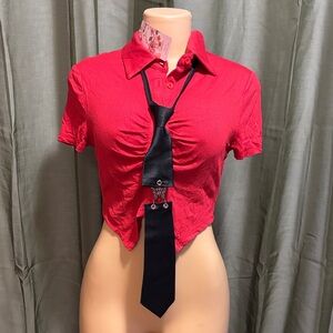 Red Short Sleeve Top with Black Tie